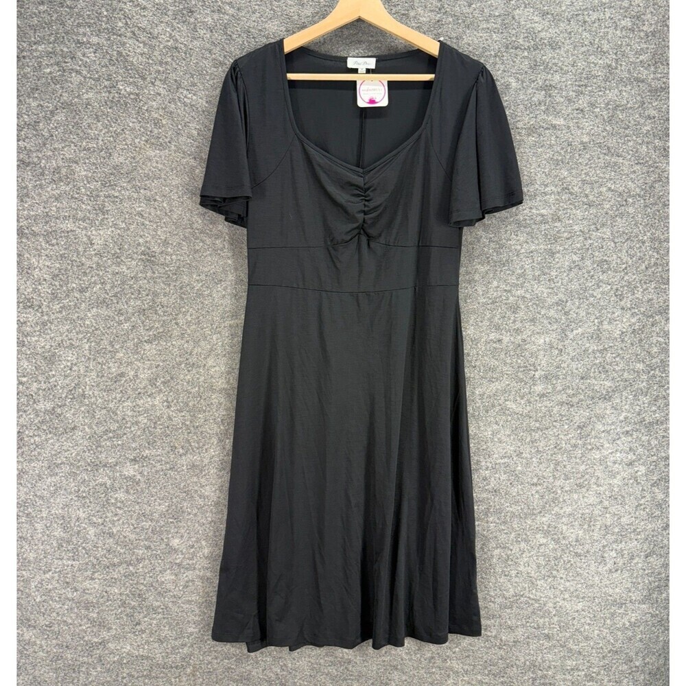 New Petal Dew Dress Women M Medium Black Shift Midi V-Neck Short Sleeve Casual